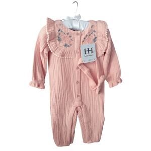 Haute Hippie Baby Girl Outfit 3M Pink Embroidered Ruffle Romper & Headband NWT